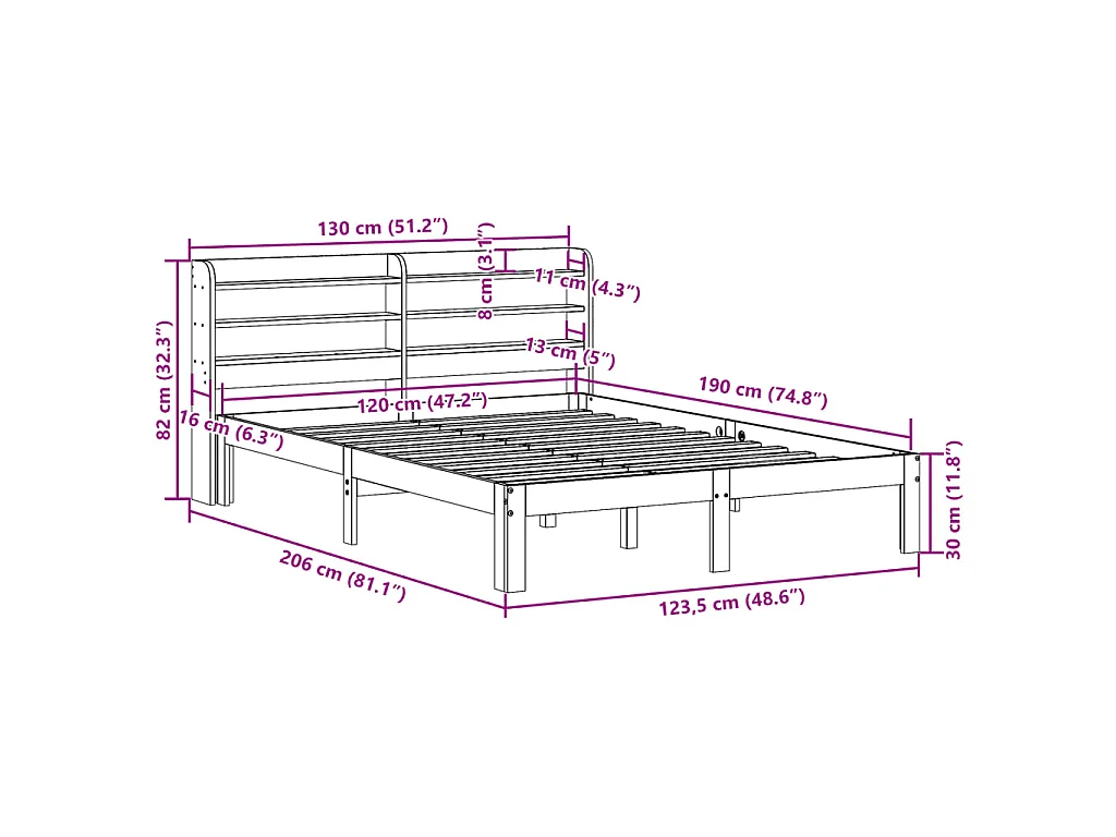 Cadre de lit sans matelas cire marron 120x190cm bois pin massif