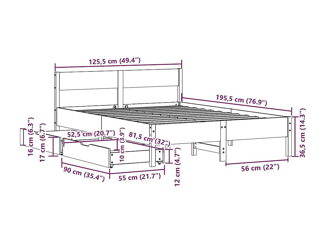 Bedframe zonder matras massief grenenhout 120x190 cm
