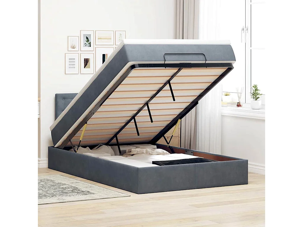 Cadre de lit ottoman et matelas gris foncé 120x200 cm velours