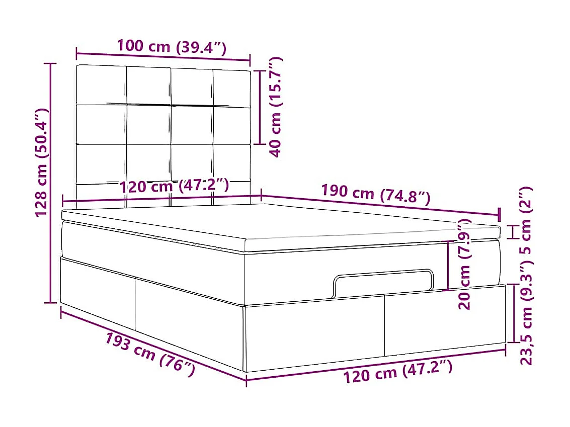 Cadre de lit ottoman avec matelas noir 120x190 cm tissu