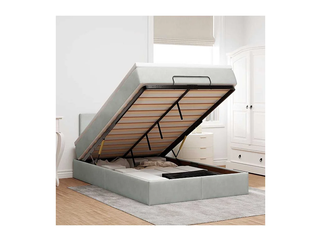 Lit ottoman avec matelas et LED gris clair 120x190cm velours
