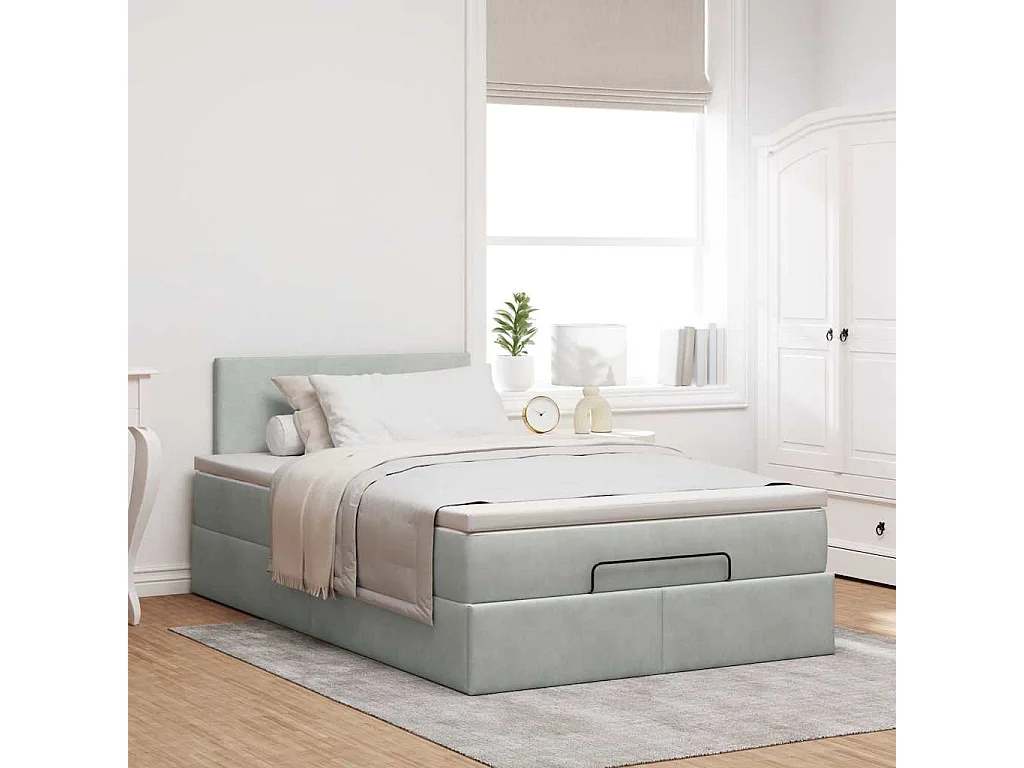 Lit ottoman avec matelas et LED gris clair 120x190cm velours