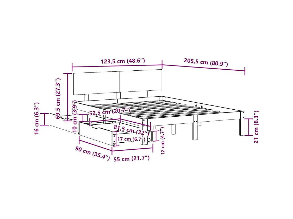 Cadre de lit avec tiroirs sans matelas blanc 120x200 cm