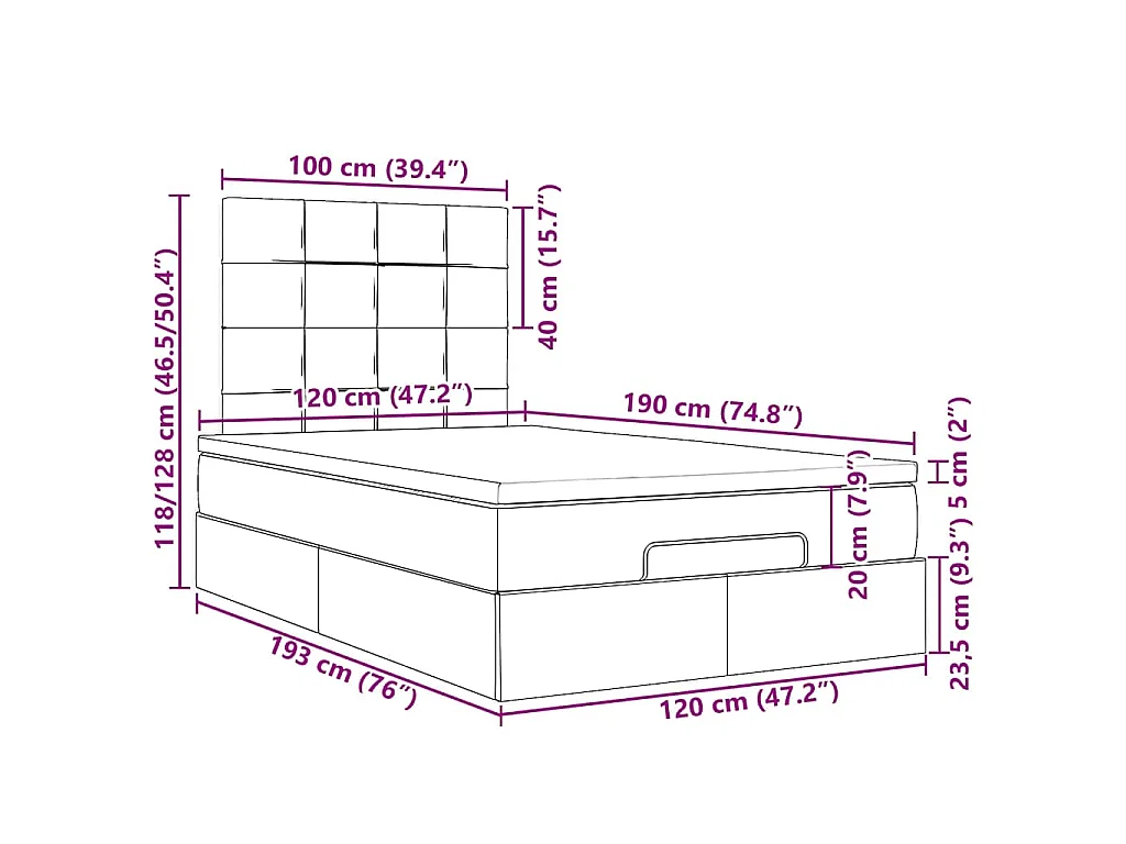 Estrutura de cama otomana com colchão 120x190cm castanho escuro