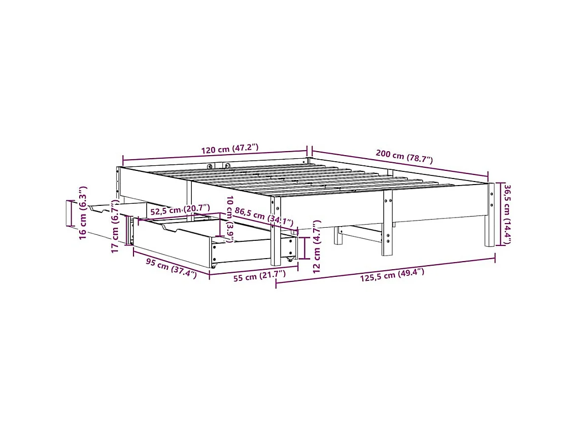 Cadre de lit sans matelas 120x200 cm bois de pin massif