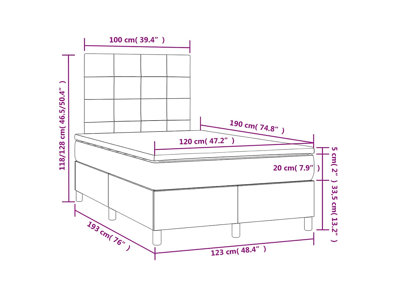 Sommier à lattes de lit et matelas LED rose 120x190 cm velours