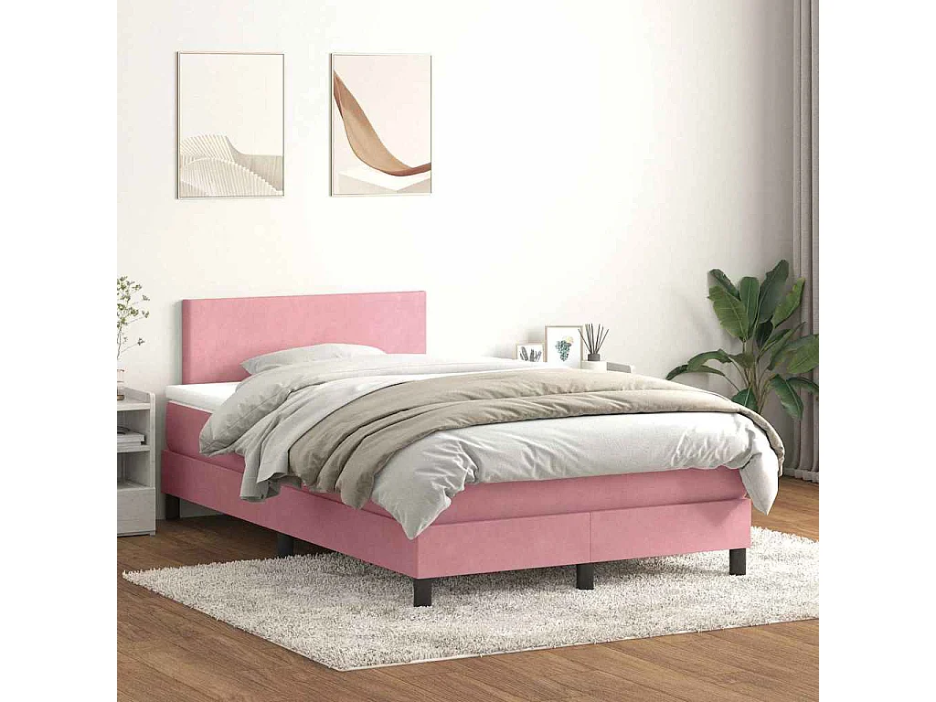 Sommier à lattes de lit avec matelas et LED rose 120x220 cm velours