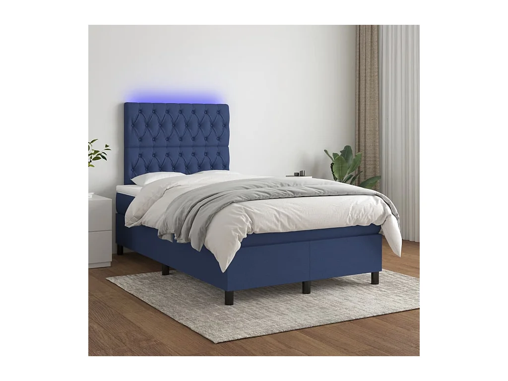 Sommier à lattes de lit matelas et LED bleu 120x190 cm tissu