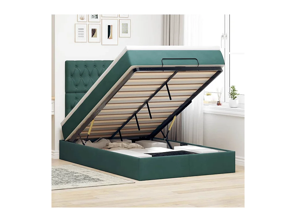 Estructura de cama otomana colchones terciopelo verde oscuro