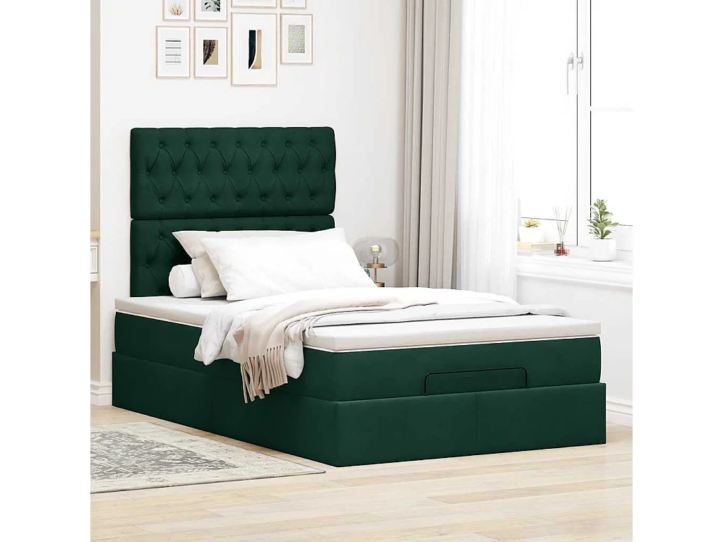 Cadre de lit ottoman avec matelas vert foncé 120x190 cm velours