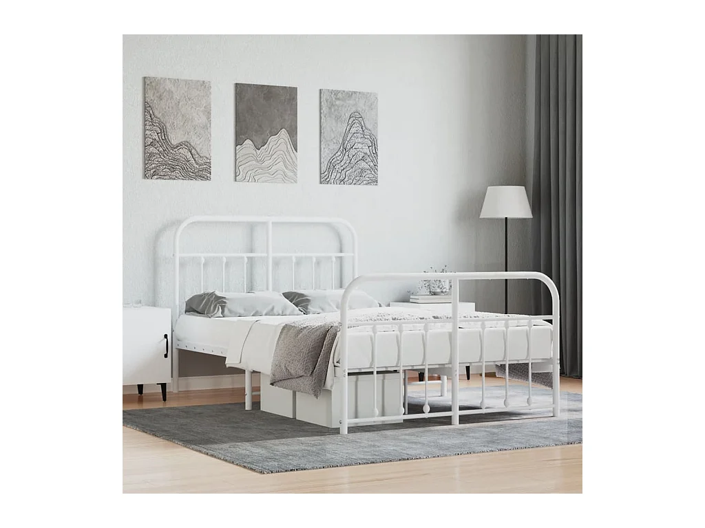 Cadre de lit métal sans matelas et pied de lit blanc 120x190 cm