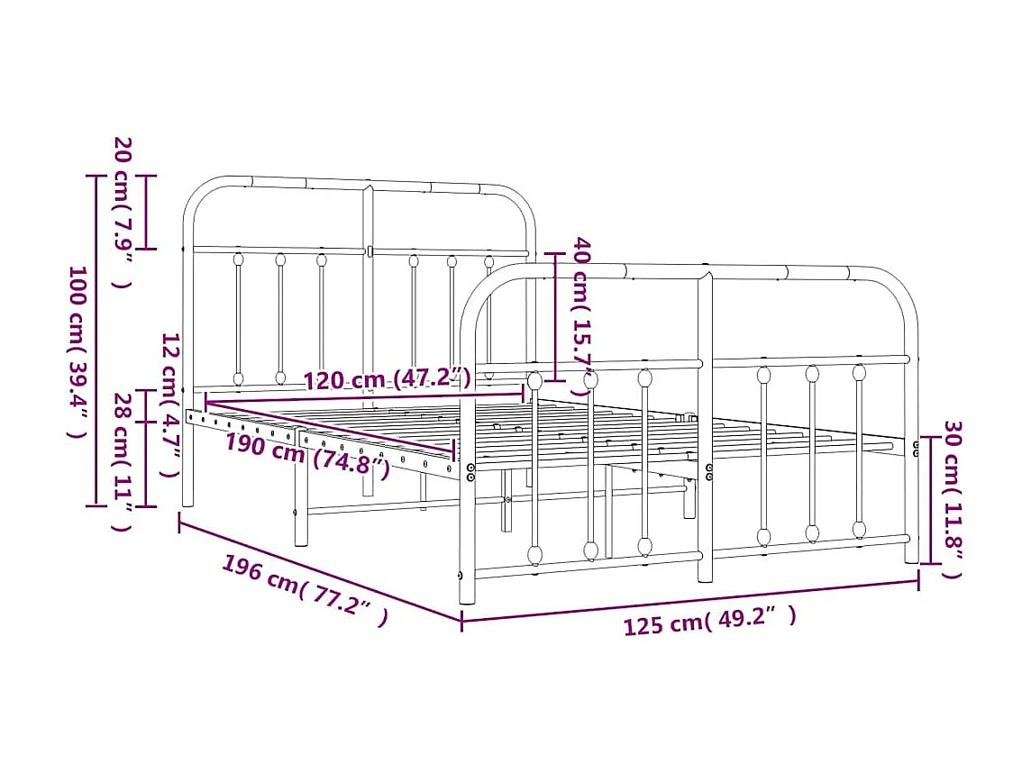 Giroletto con Testiera e Pediera Metallo Bianco 120x190 cm