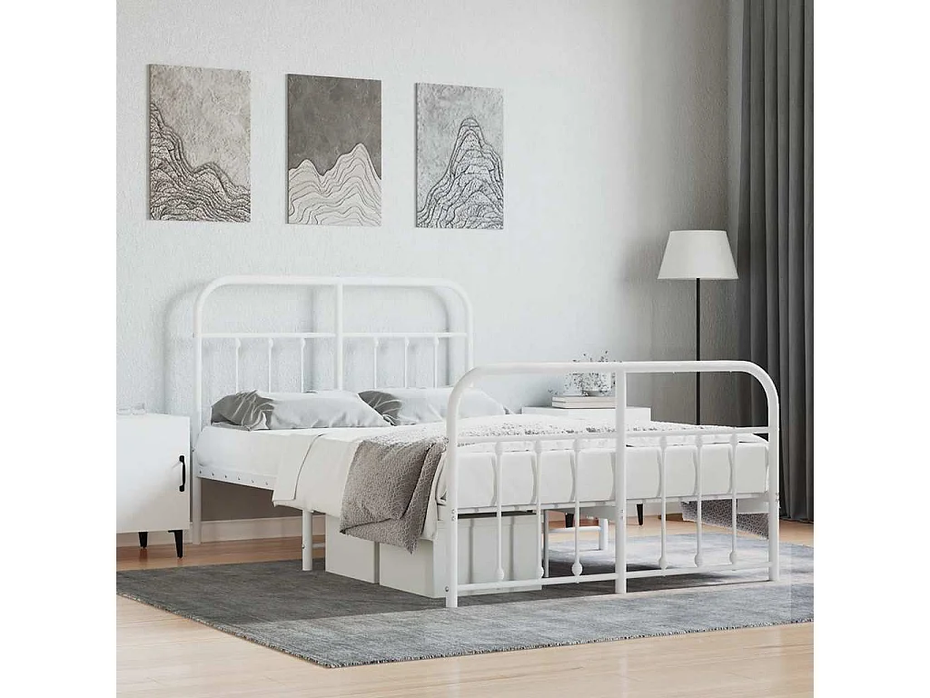 Cadre de lit métal sans matelas et pied de lit blanc 120x190 cm