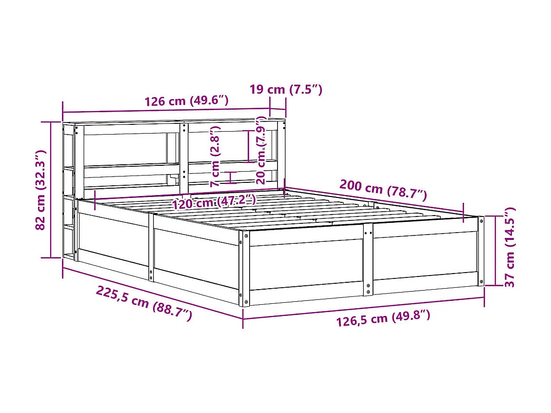 Estrutura cama c/ cabeceira 120x200cm pinho maciço castanho-mel