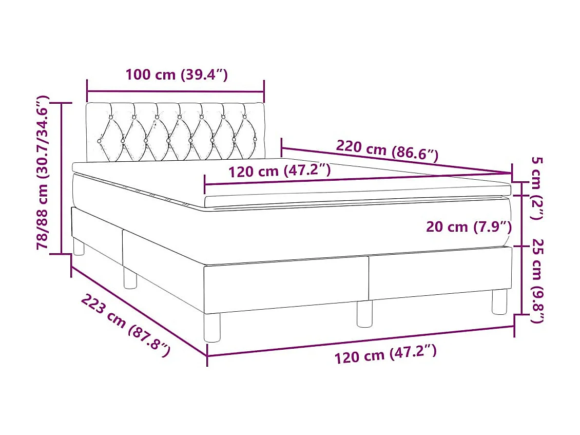 Cama boxspring c/ colchão 120x220 cm veludo cinzento-claro