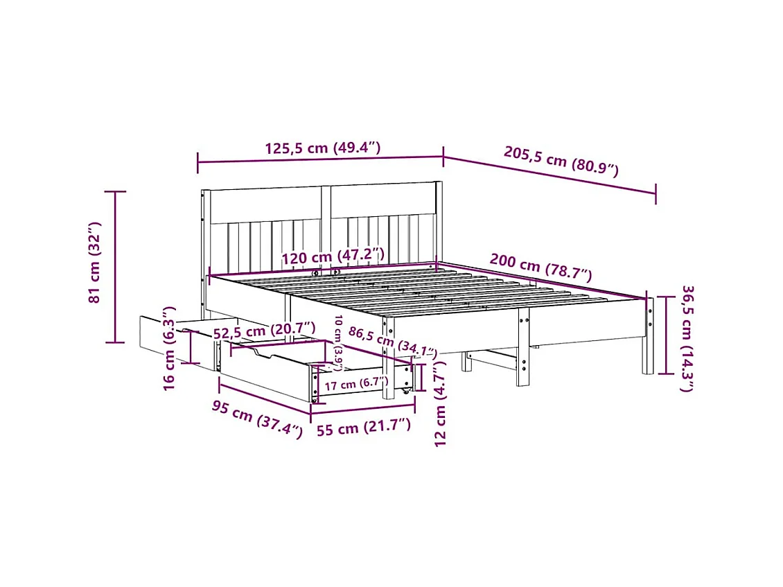 Cadre de lit sans matelas 120x200 cm bois de pin massif