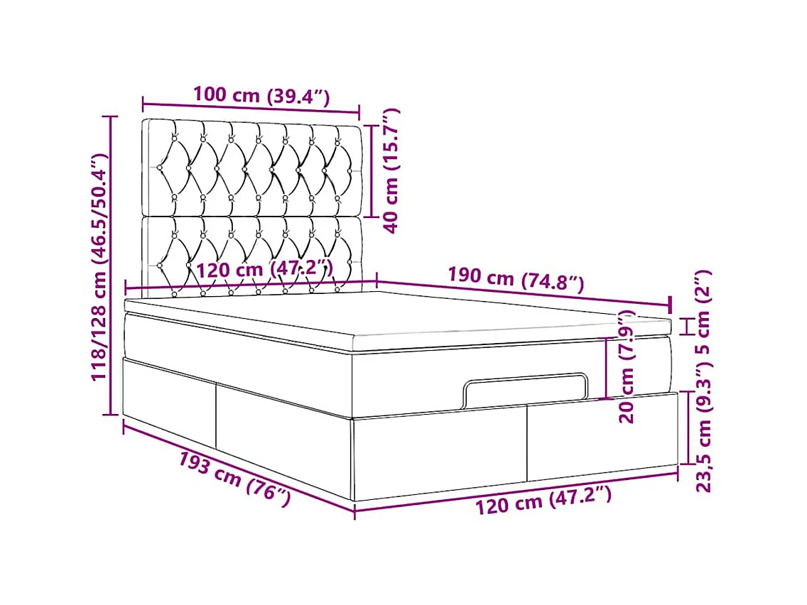 Cadre de lit ottoman avec matelas gris foncé 120x190 cm velours