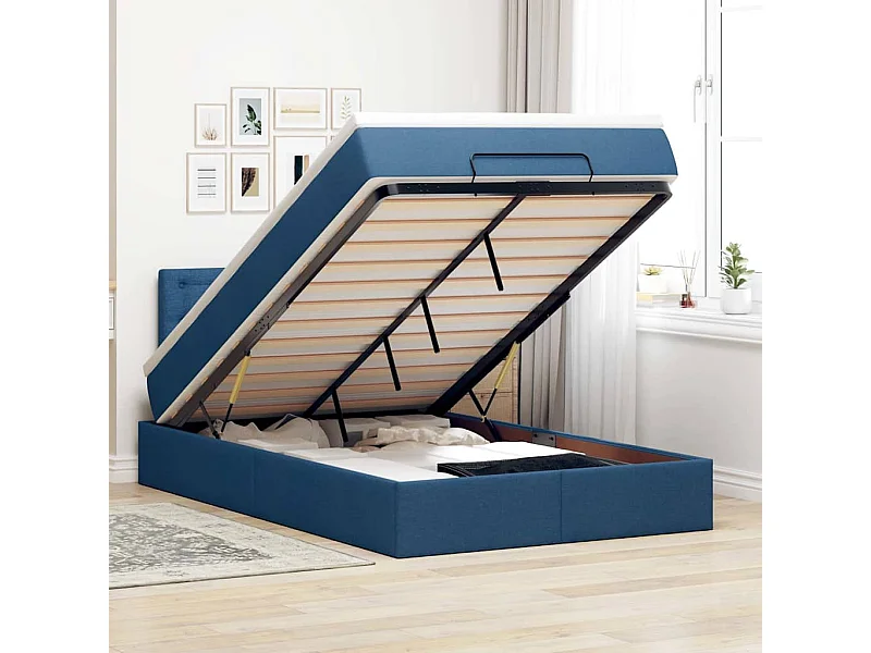 Pouf Letto con Materasso e LED Blu 120x200 cm in Tessuto