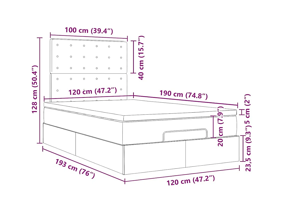 Cadre de lit ottoman avec matelas gris clair 120x190 cm tissu