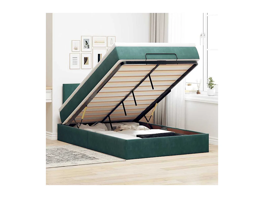 Cadre de lit ottoman avec matelas vert foncé 120x200 cm velours