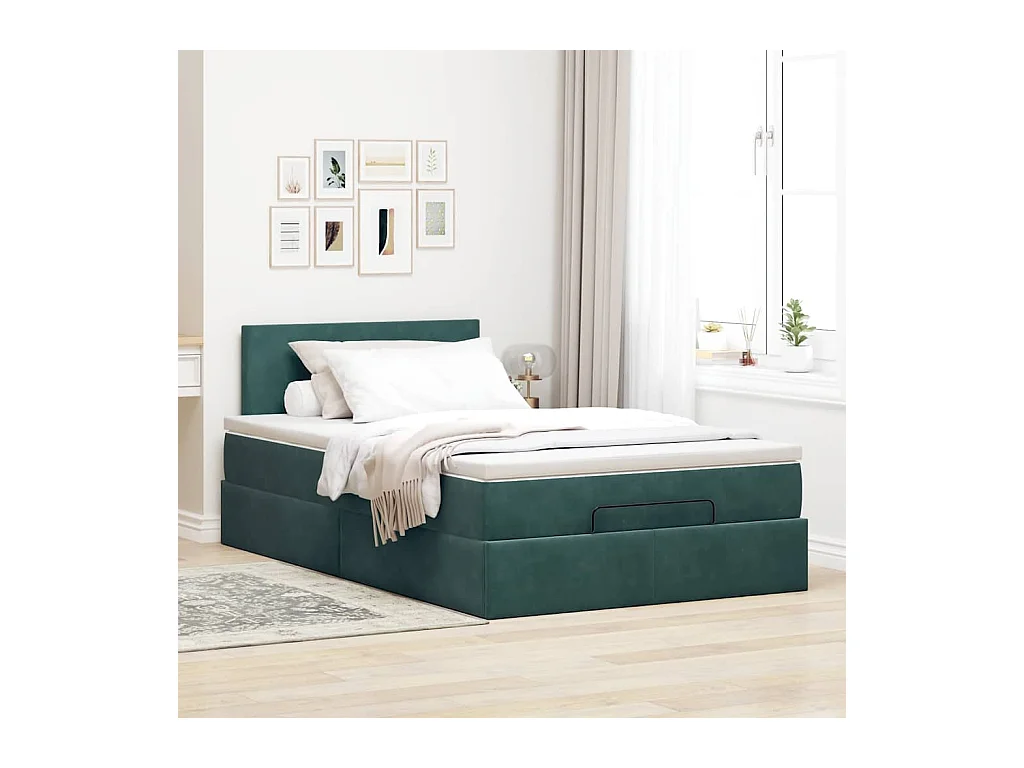 Cadre de lit ottoman avec matelas vert foncé 120x200 cm velours