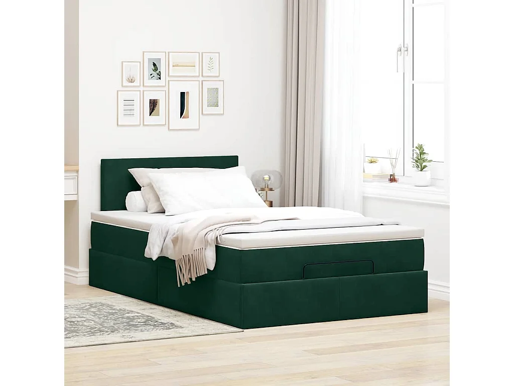 Cadre de lit ottoman avec matelas vert foncé 120x200 cm velours