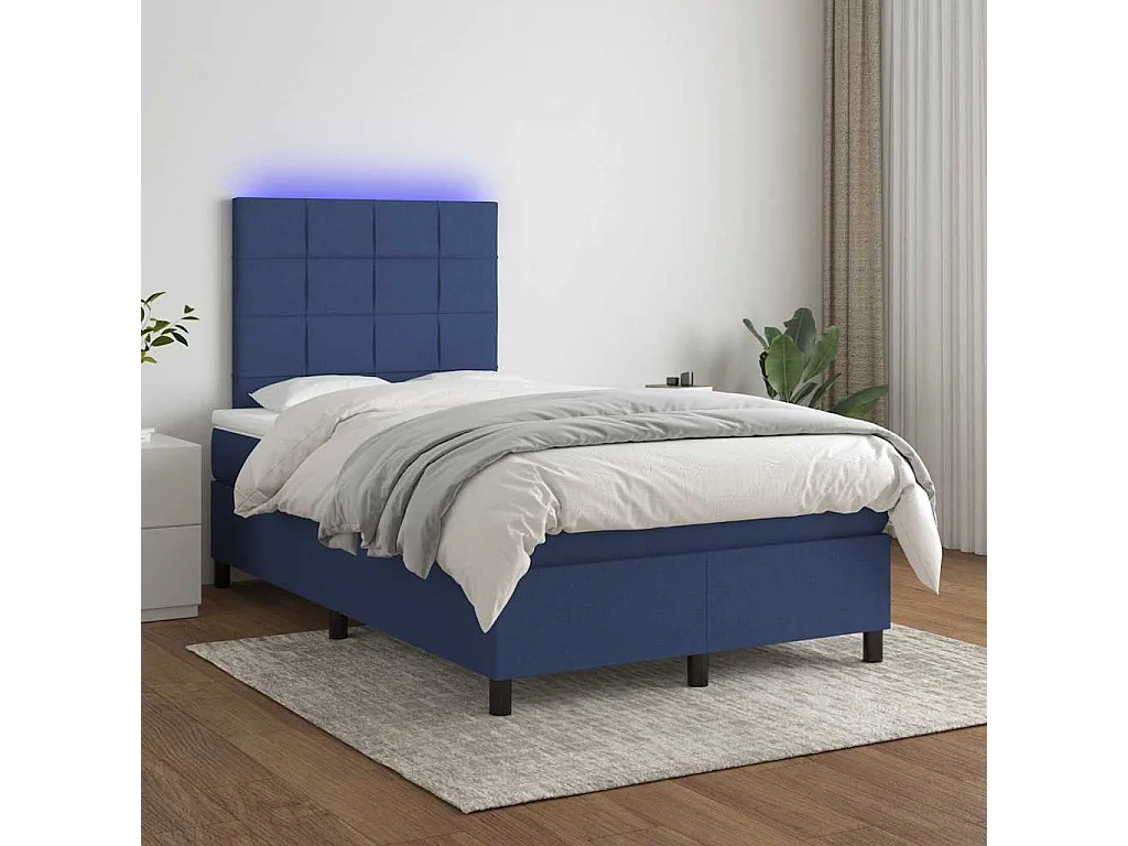 Sommier à lattes de lit matelas et LED bleu 120x190 cm tissu