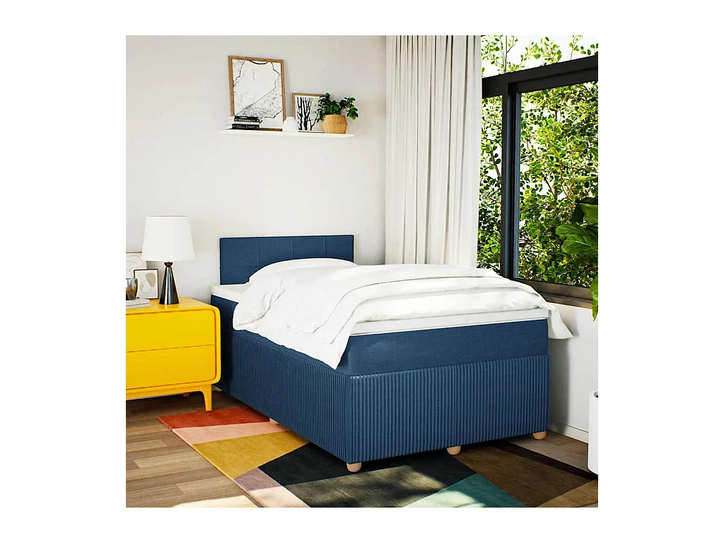 Cama box spring con colchón tela azul 120x200 cm