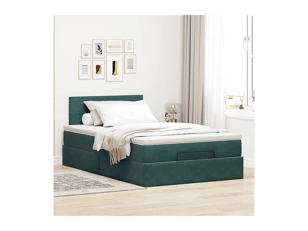 Cadre de lit ottoman avec matelas vert foncé 120x200 cm velours