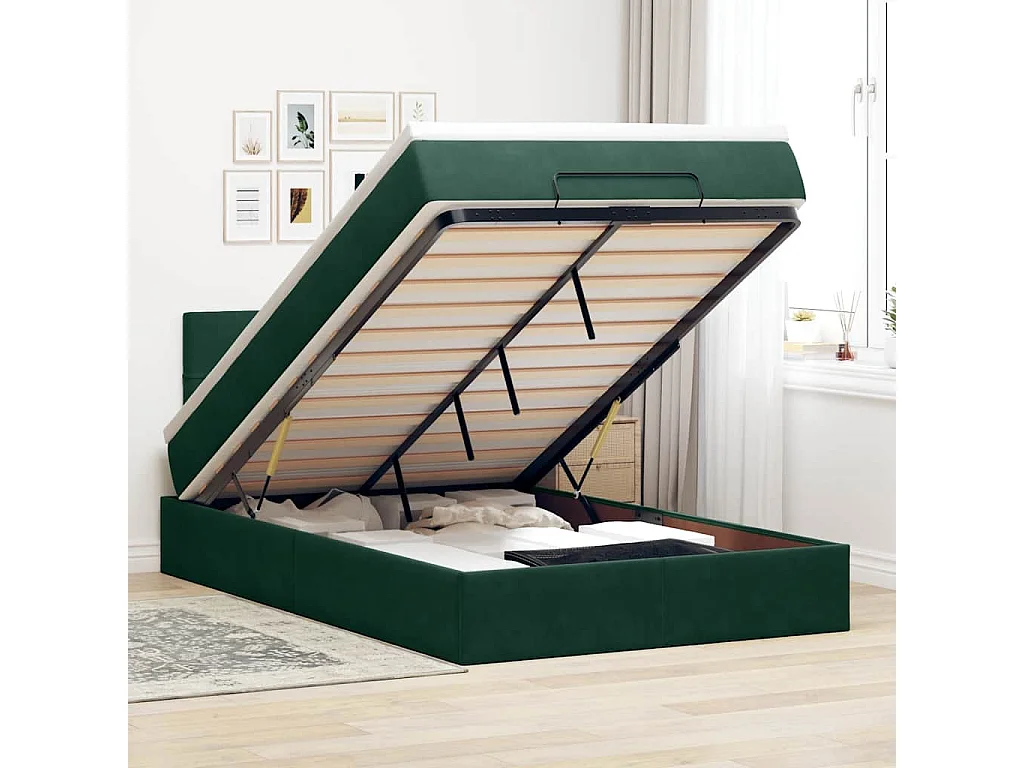 Cadre de lit ottoman avec matelas vert foncé 120x200 cm velours