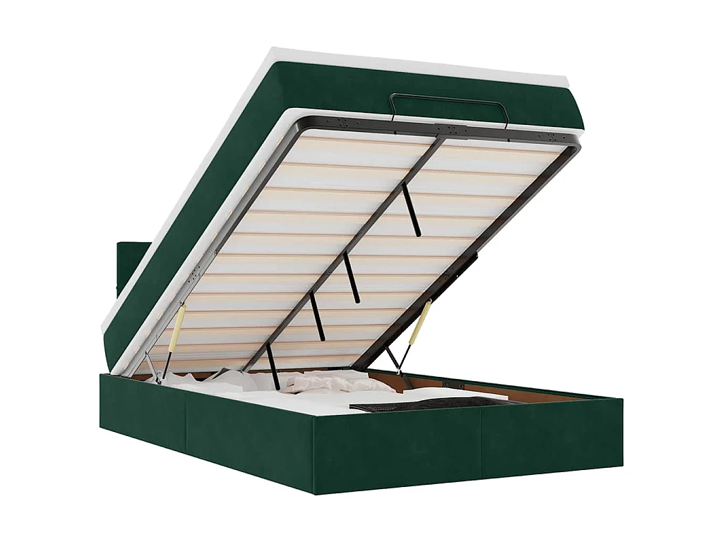 Estructura cama otomana colchón terciopelo verde oscuro