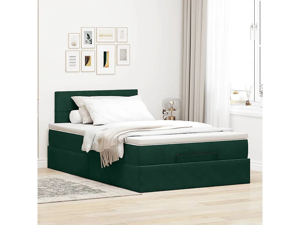 Estructura cama otomana colchón terciopelo verde oscuro