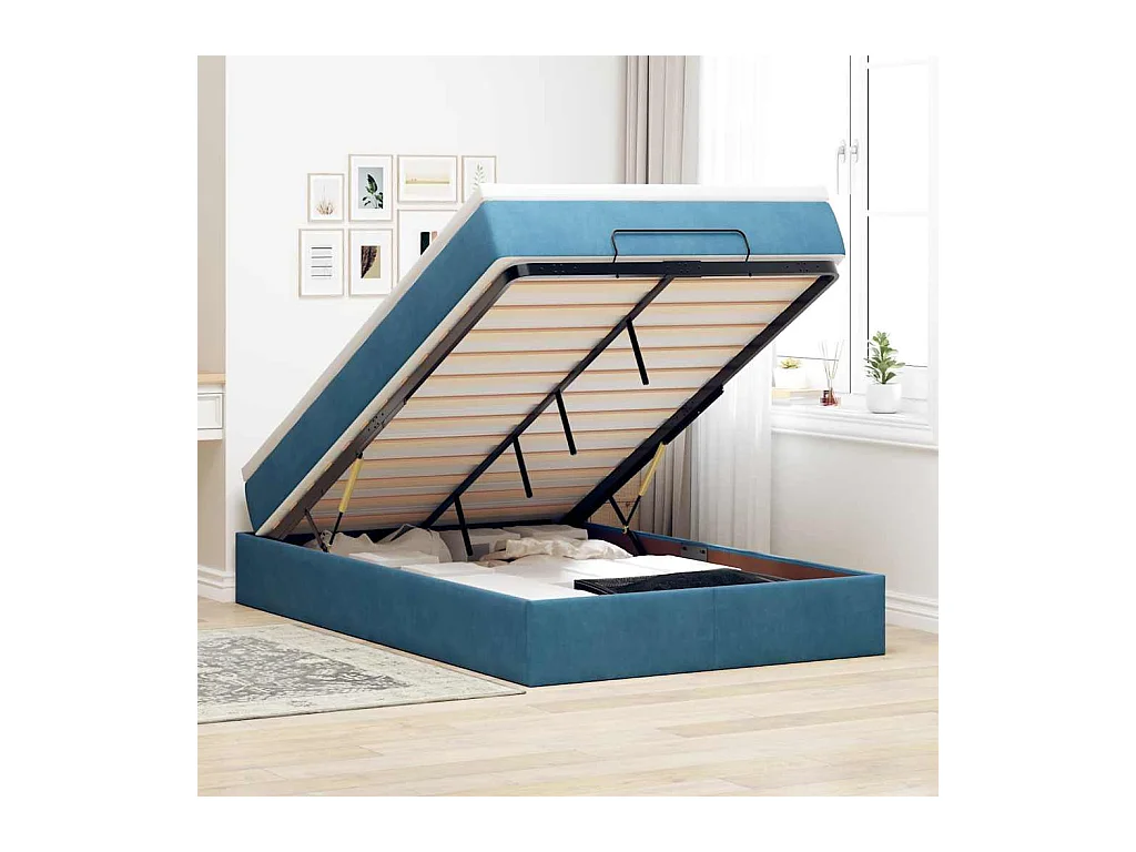 Lit ottoman avec matelas bleu foncé 120x190 cm velours