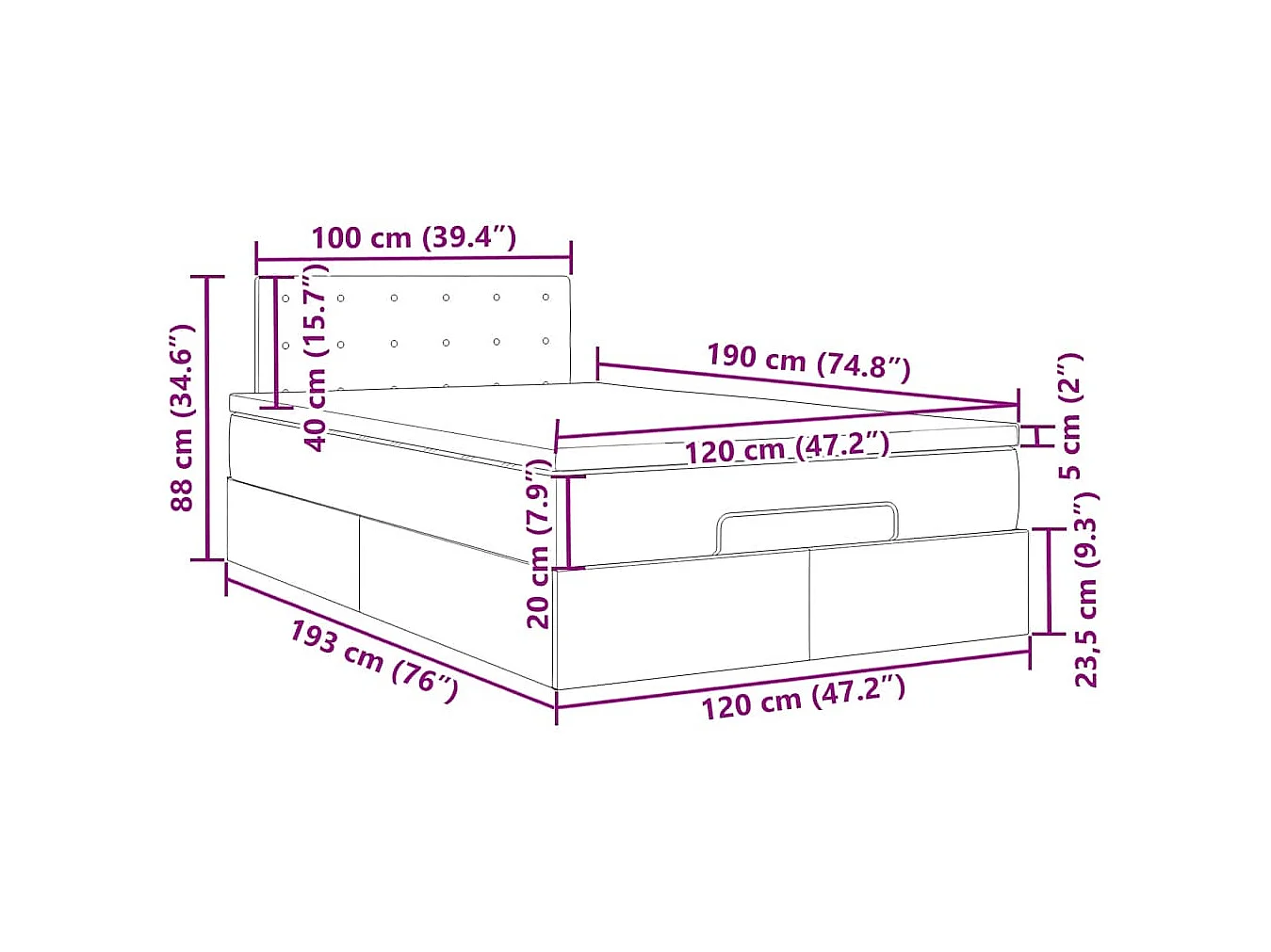 Lit ottoman avec matelas et LED gris foncé 120x190 cm tissu