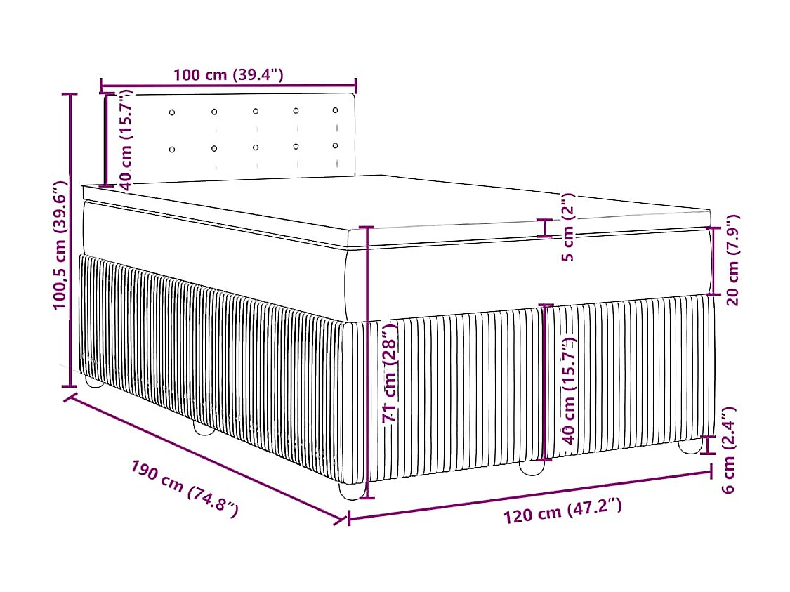 Cama box spring con colchón tela marrón oscuro 120x190 cm