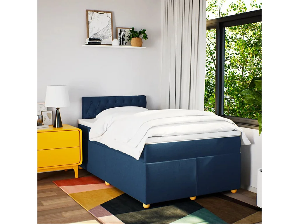 Cama box spring con colchón tela azul 120x190 cm
