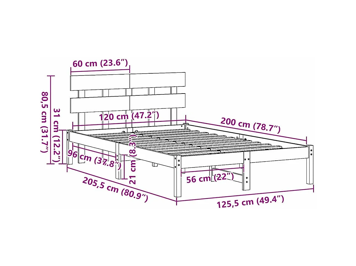 Estructura de cama Marrón 120 x 200 cm Madera maciza de Pino