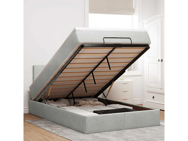 Ottomane Bett mit Matratze & LEDs Hellgrau 120x190 cm Samt