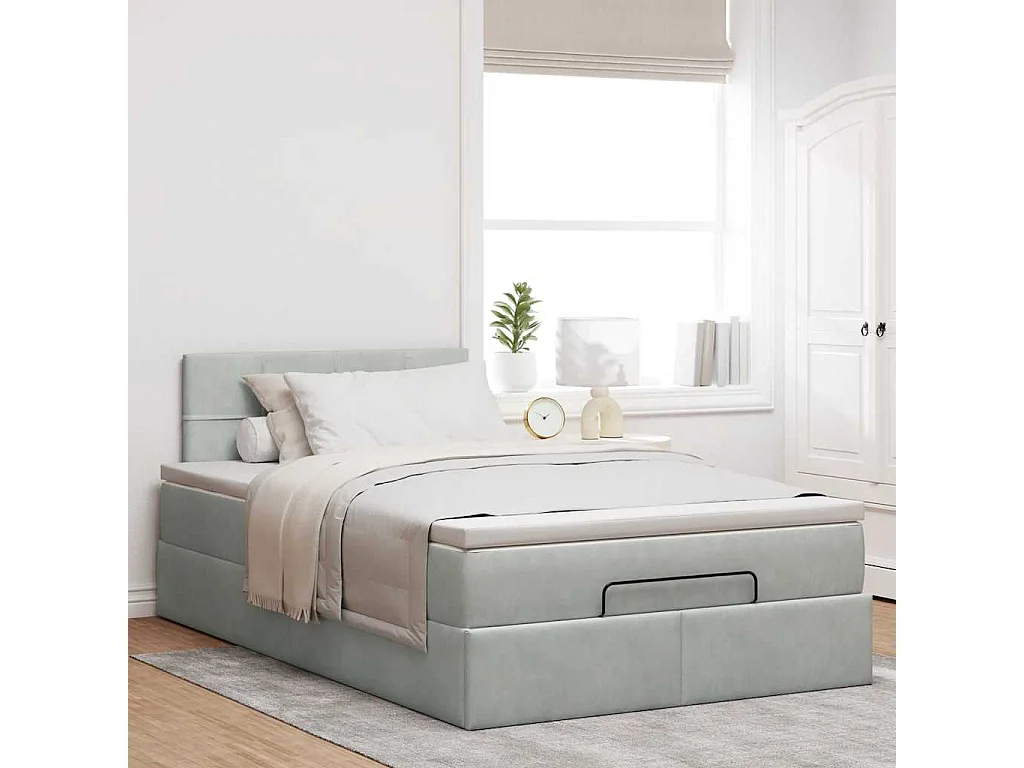 Cama otomana con colchón y LED terciopelo gris claro 120x190 cm