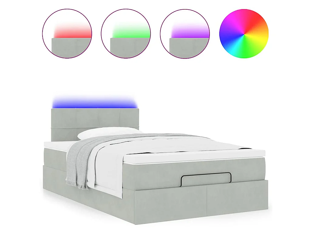 Cama otomana con colchón y LED terciopelo gris claro 120x190 cm