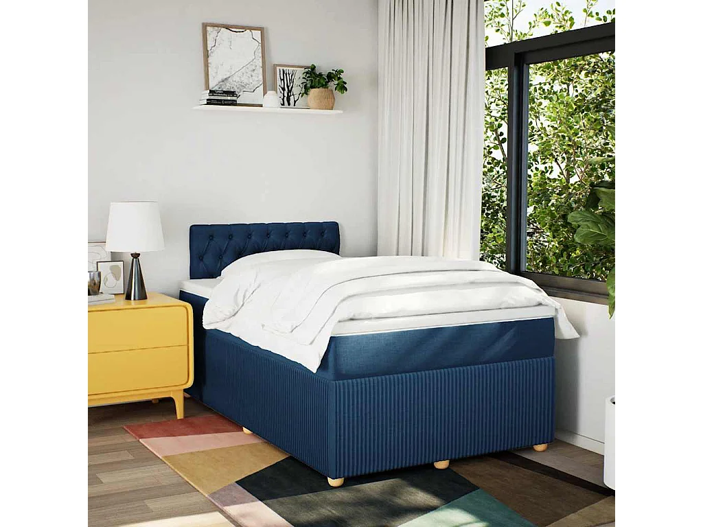 Cama box spring con colchón tela azul 120x190 cm