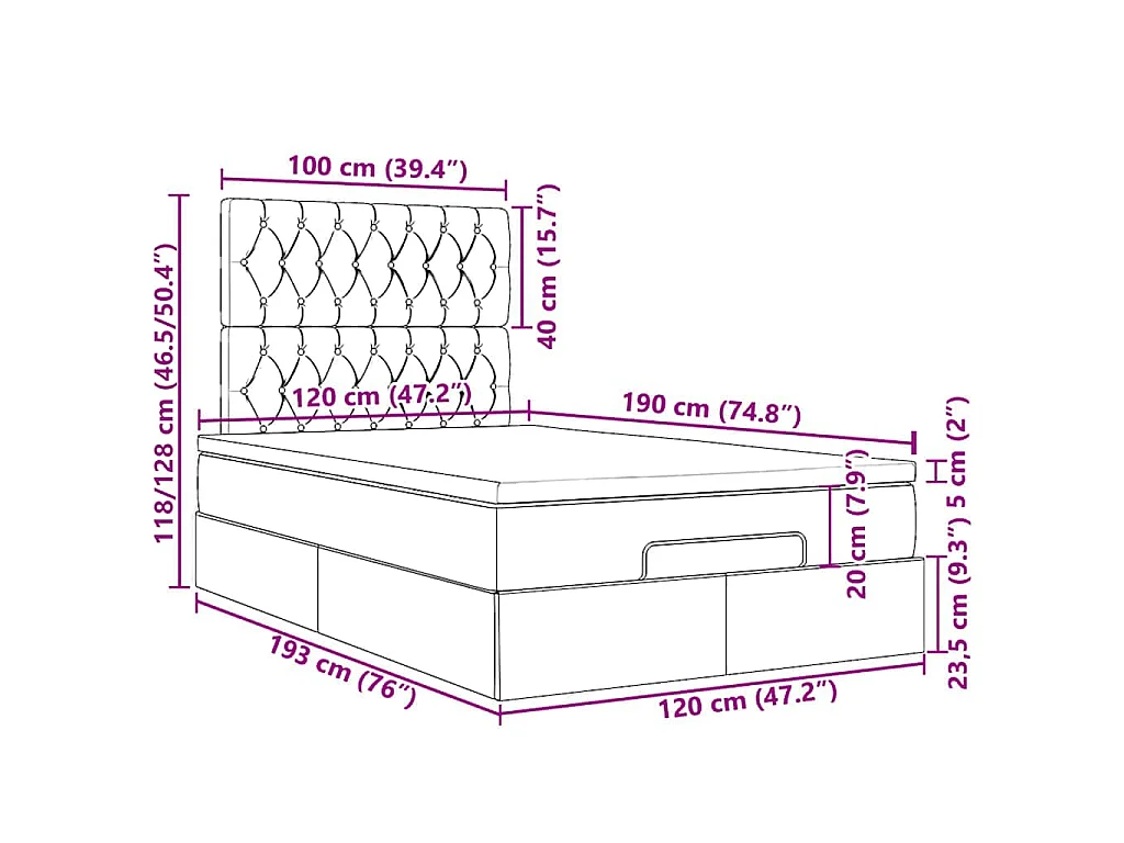 Ottoman bed met matrassen 120x190cm fluweel lichtgrijs