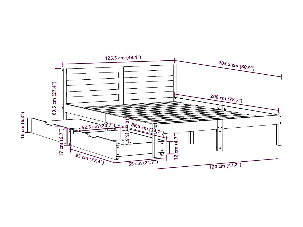 Bedframe zonder matras massief grenenhout 120x200 cm