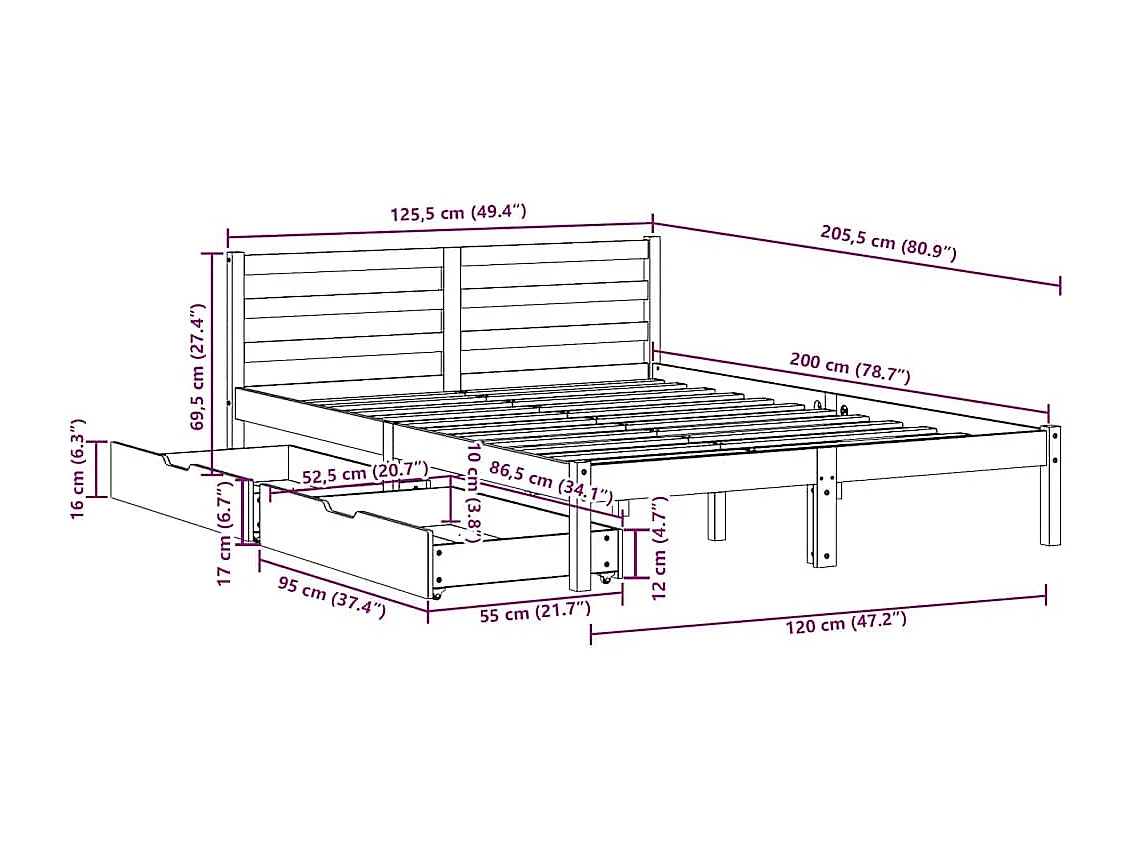Bedframe zonder matras massief grenenhout 120x200 cm