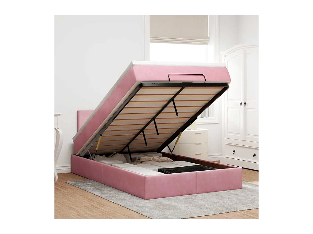 Lit ottoman avec matelas rose 120x190 cm velours
