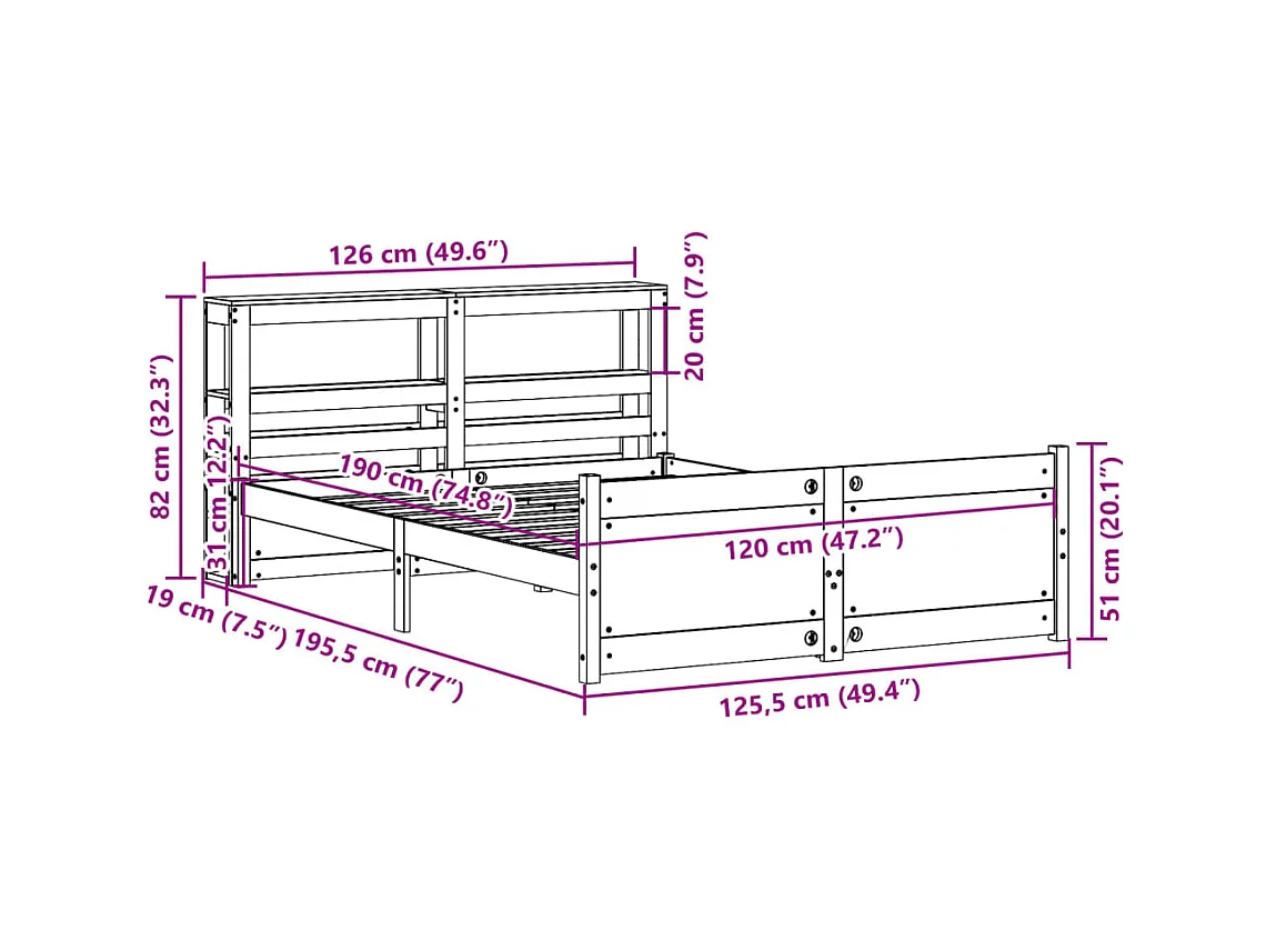 Cadre de lit avec tête de lit sans matelas 120x190 cm