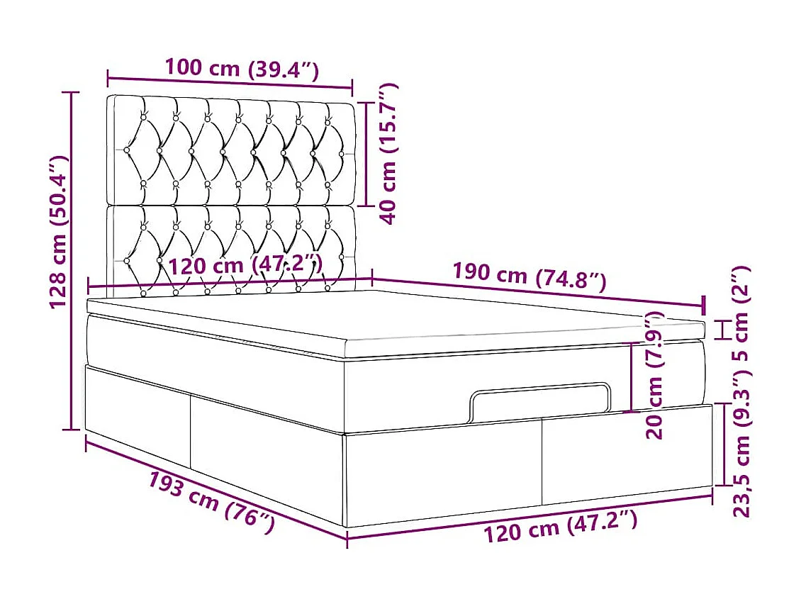 Cadre de lit ottoman avec matelas bleu foncé 120x190 cm velours