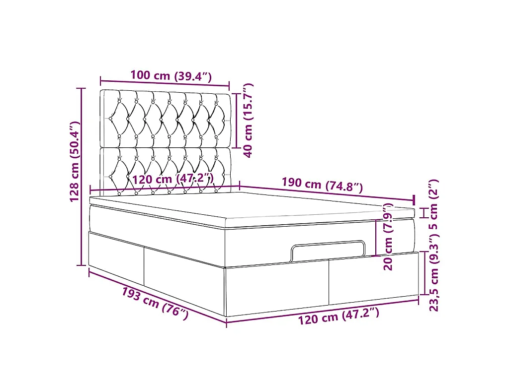 Cadre de lit ottoman avec matelas gris clair 120x190 cm velours