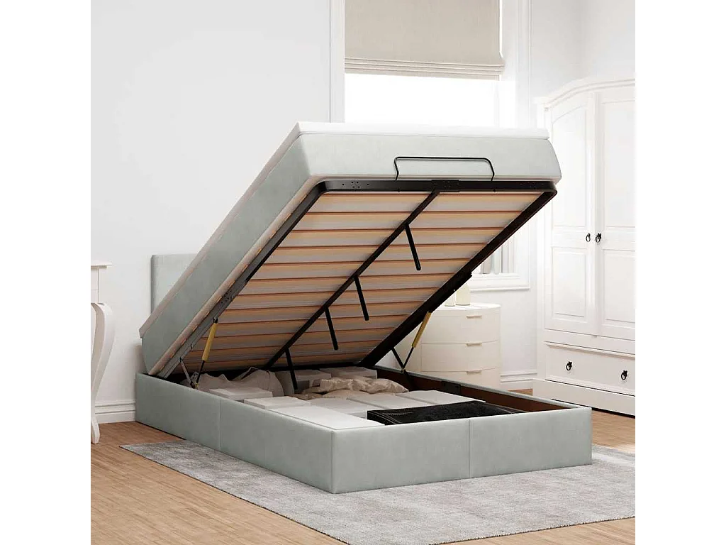 Cadre de lit ottoman et matelas gris clair 120x200 cm velours