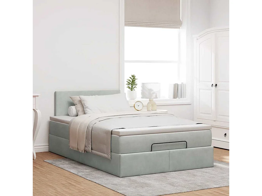 Estructura cama otomana colchón terciopelo gris claro 120x200cm